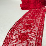 Delicate Red Floral Embroidered Tulle Trim- 2” Wide- (4109)