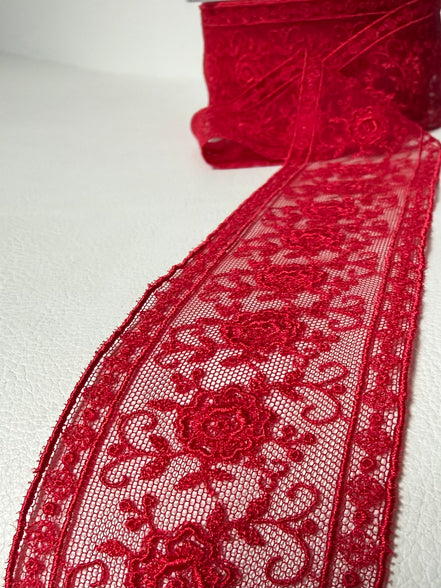Delicate Red Floral Embroidered Tulle Trim- 2” Wide- (4109)