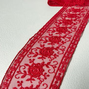 Delicate Red Floral Embroidered Tulle Trim- 2” Wide- (4109)
