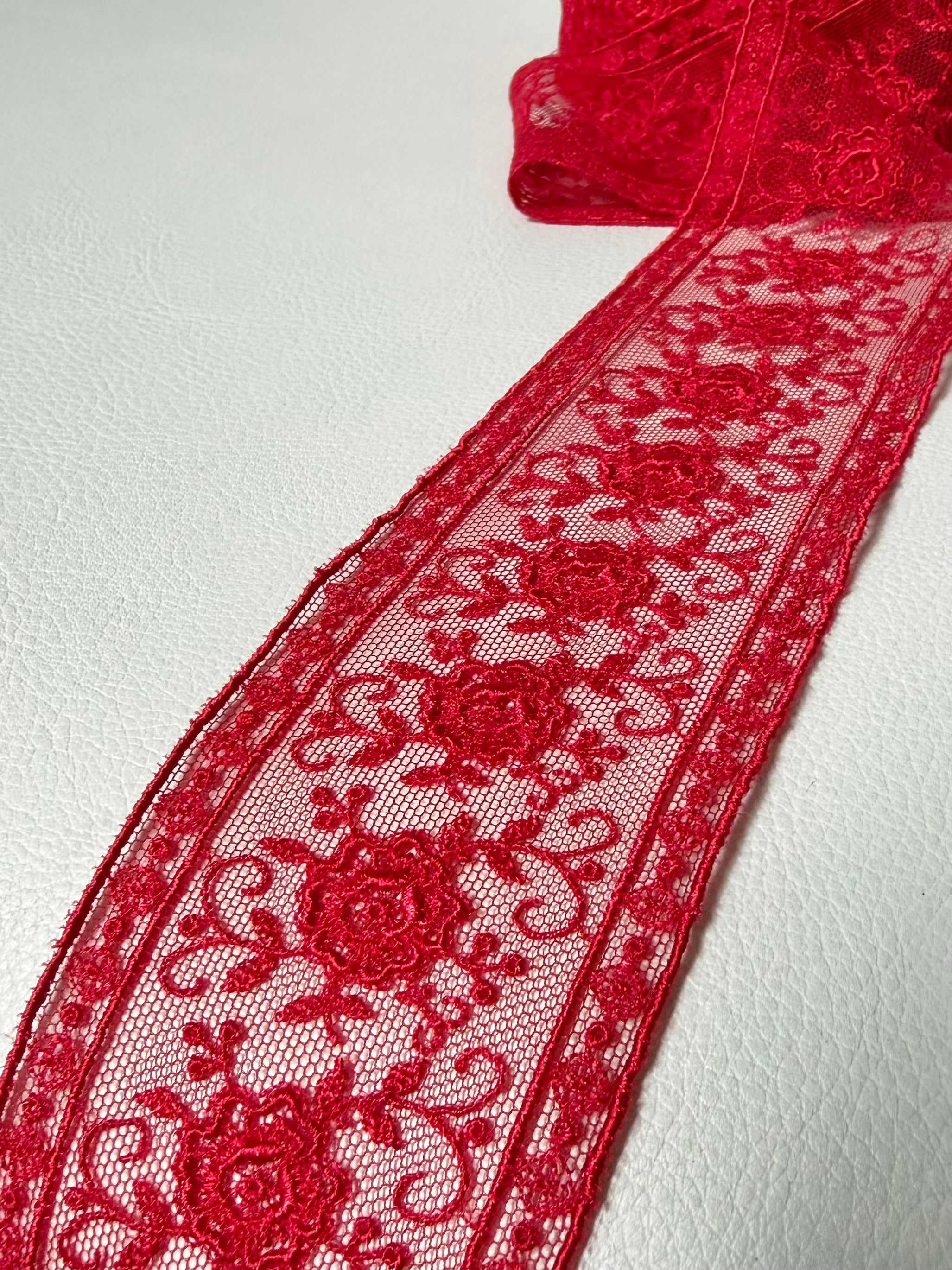Delicate Red Floral Embroidered Tulle Trim- 2” Wide- (4109)
