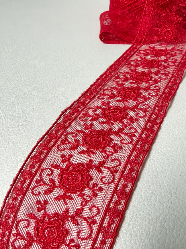 Delicate Red Floral Embroidered Tulle Trim- 2” Wide- (4109)