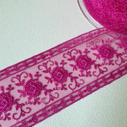 Delicate Magenta Floral Embroidered Tulle Trim- 2” Wide- (4109)