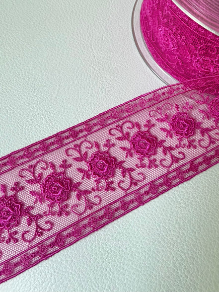 Delicate Magenta Floral Embroidered Tulle Trim- 2” Wide- (4109)