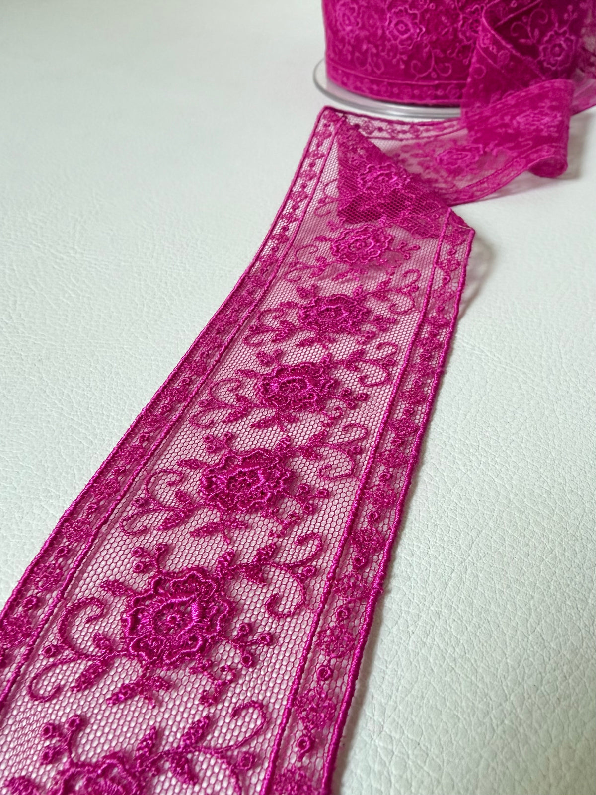 Delicate Magenta Floral Embroidered Tulle Trim- 2” Wide- (4109)