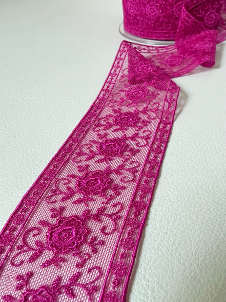Delicate Magenta Floral Embroidered Tulle Trim- 2” Wide- (4109)