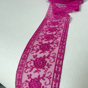 Delicate Magenta Floral Embroidered Tulle Trim- 2” Wide- (4109)