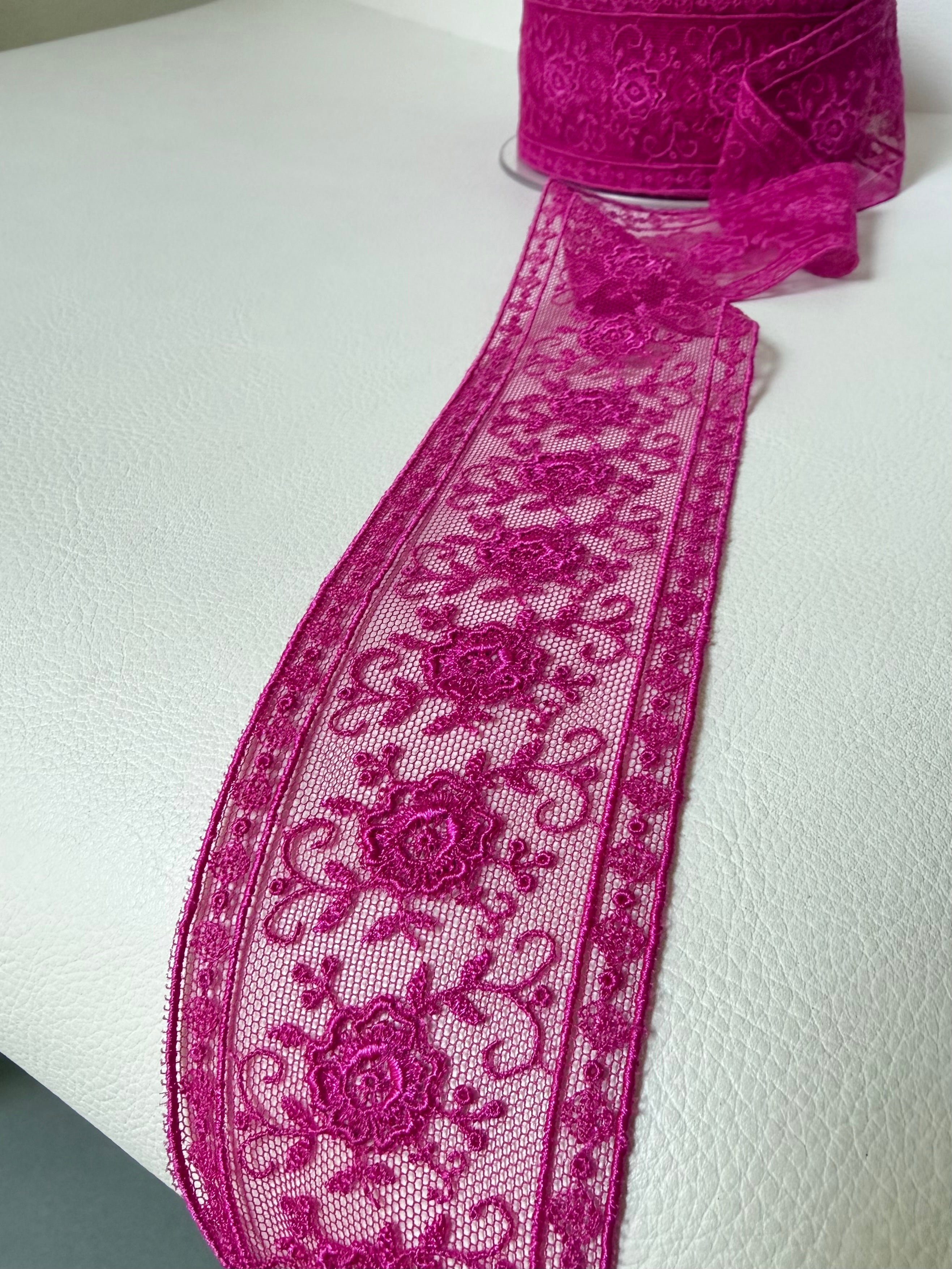 Delicate Magenta Floral Embroidered Tulle Trim- 2” Wide- (4109)
