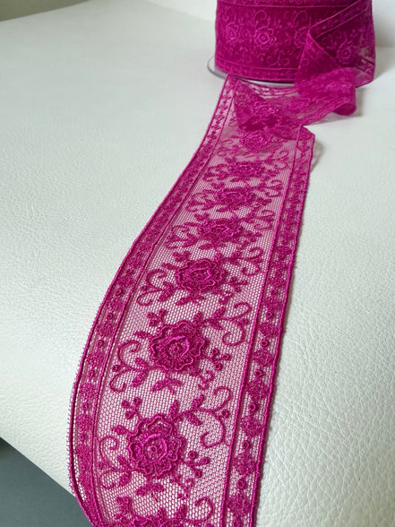 Delicate Magenta Floral Embroidered Tulle Trim- 2” Wide- (4109)