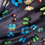 Big Colorful Butterflies on Dark Navy Blue Silk Charmeuse- 45