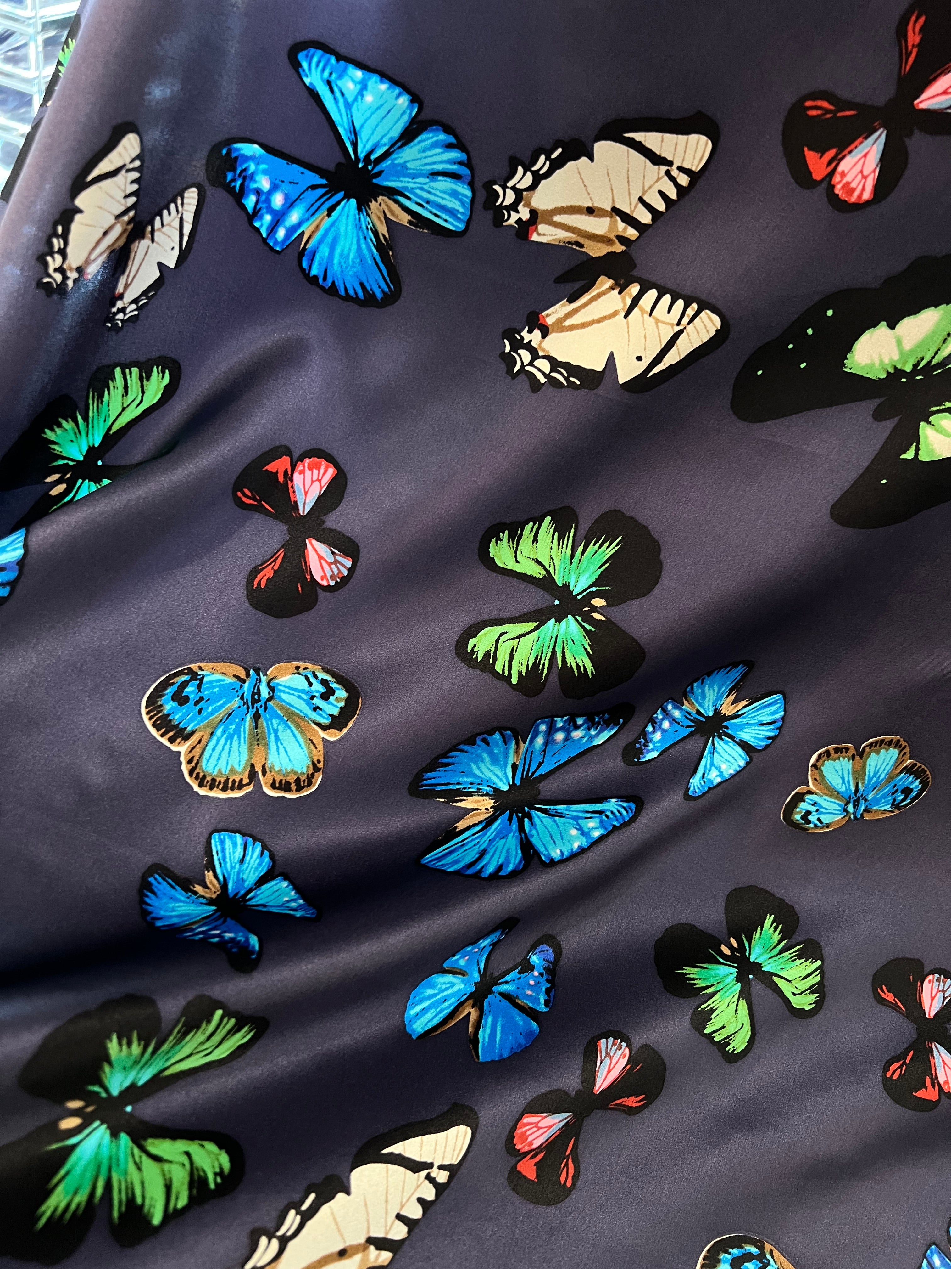 Big Colorful Butterflies on Dark Navy Blue Silk Charmeuse- 45