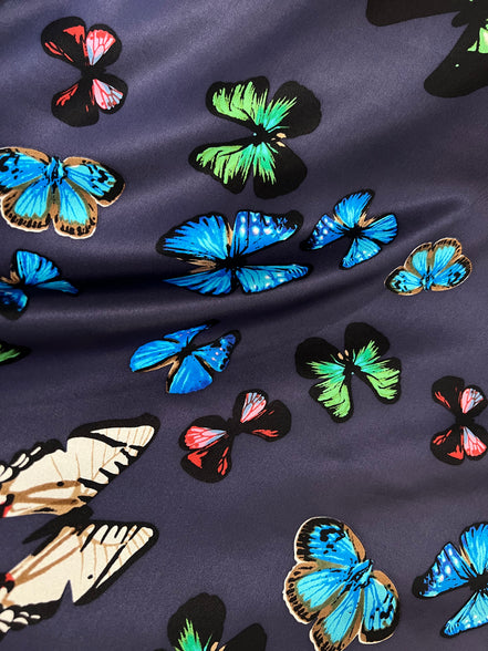 Big Colorful Butterflies on Dark Navy Blue Silk Charmeuse- 45" Wide (348)
