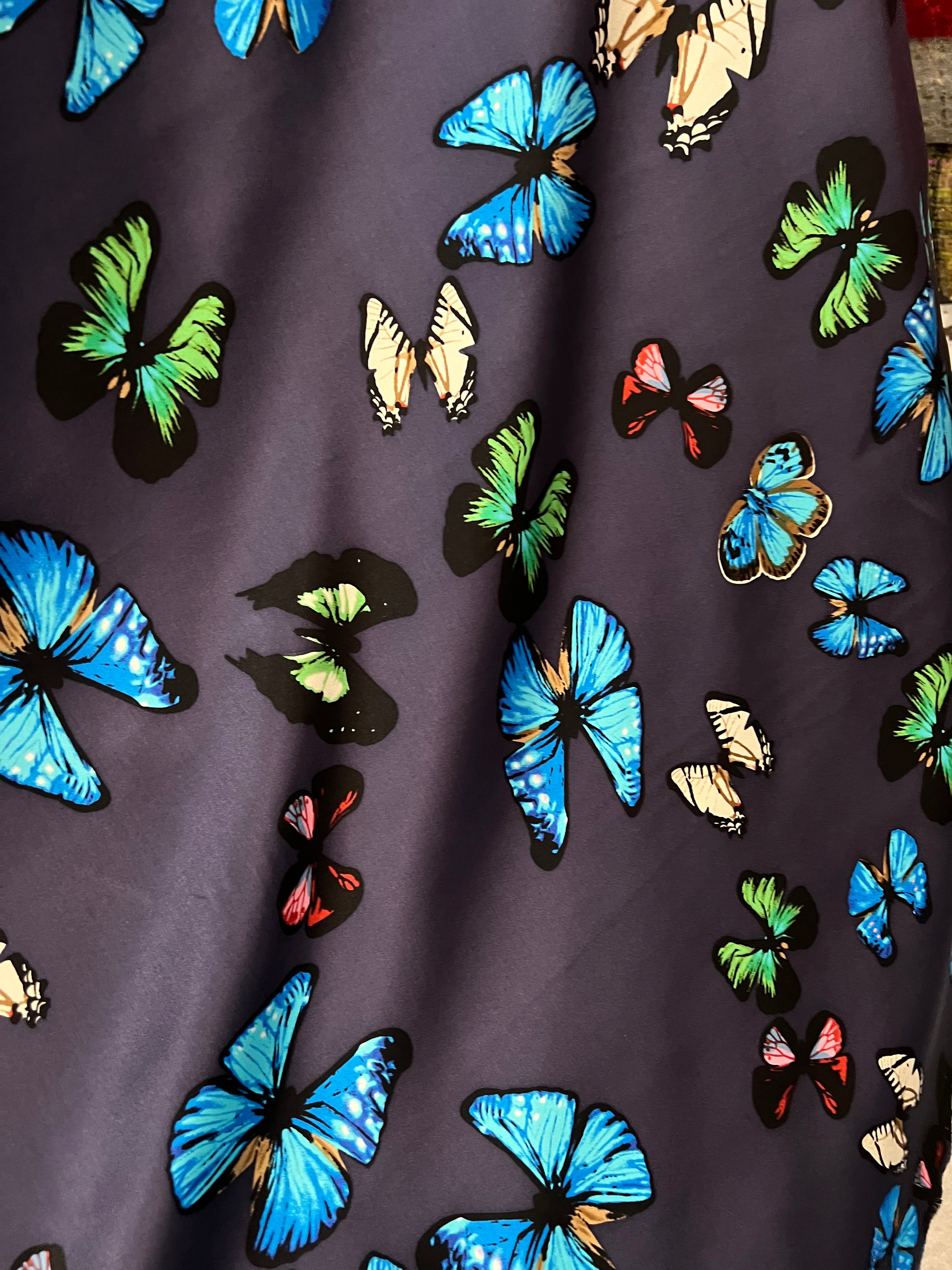 Big Colorful Butterflies on Dark Navy Blue Silk Charmeuse- 45