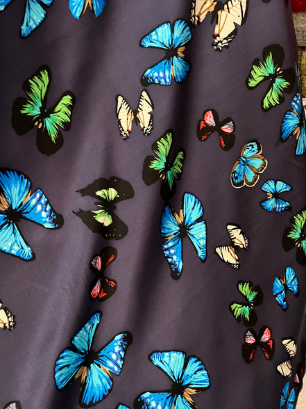 Big Colorful Butterflies on Dark Navy Blue Silk Charmeuse- 45" Wide (348)