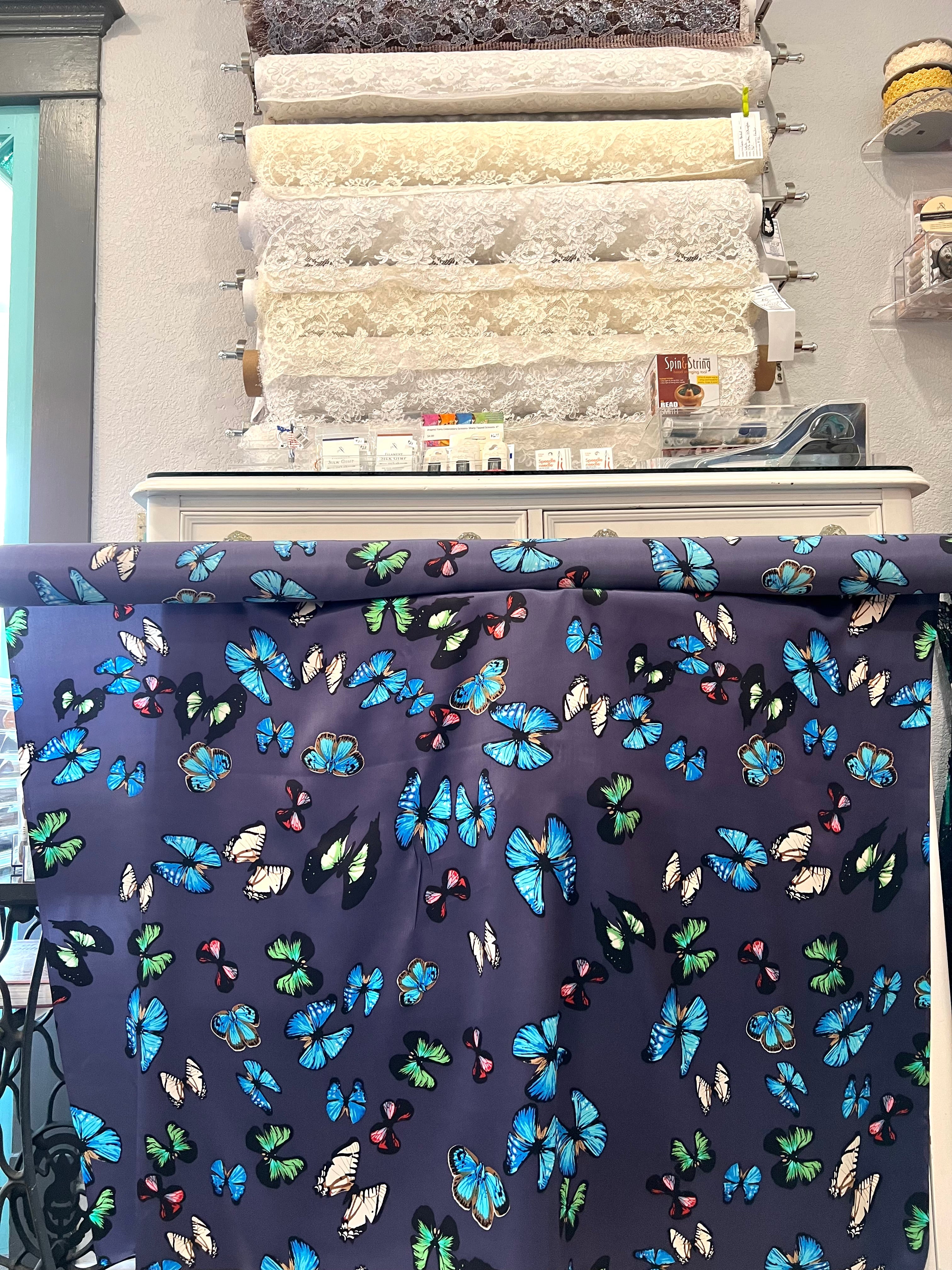 Big Colorful Butterflies on Dark Navy Blue Silk Charmeuse- 45