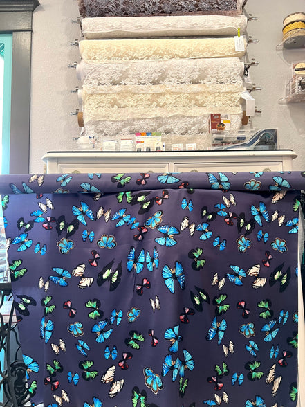 Big Colorful Butterflies on Dark Navy Blue Silk Charmeuse- 45" Wide (348)