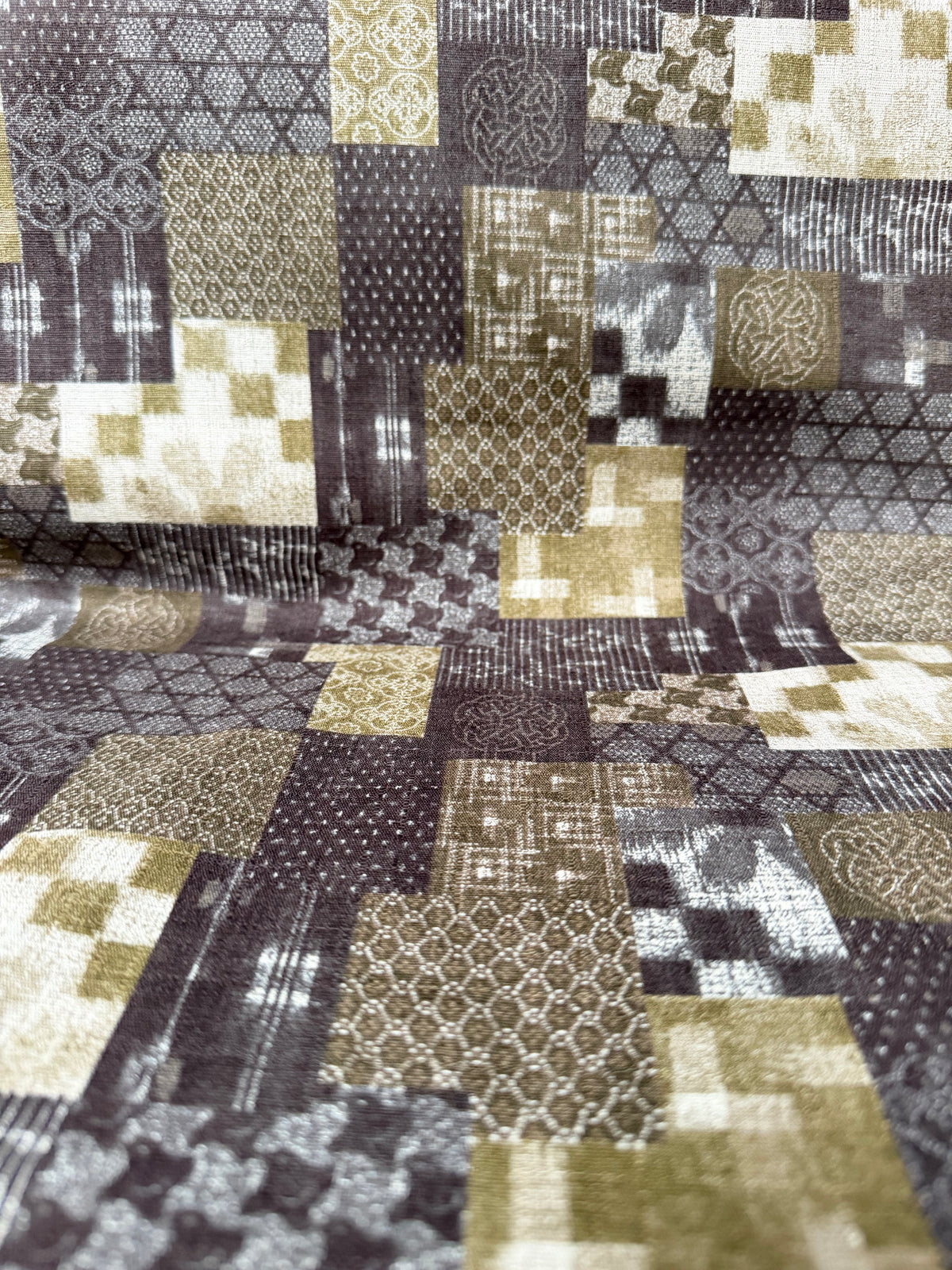 Boro Patchwork- Brown, Olive Green- Cotton Dobby- 44