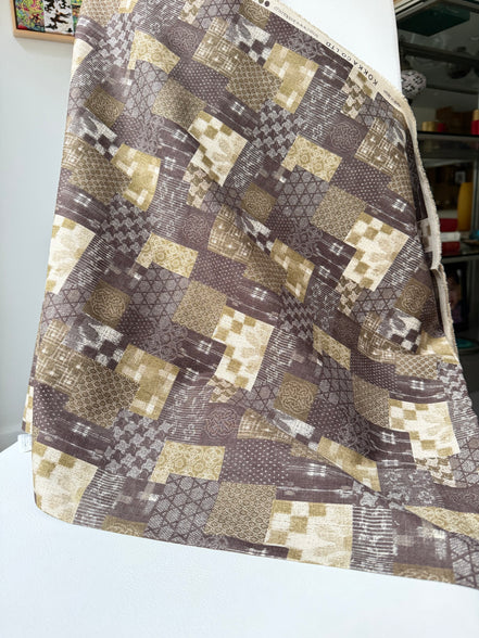 Boro Patchwork- Brown, Olive Green- Cotton Dobby- 44"- 36050