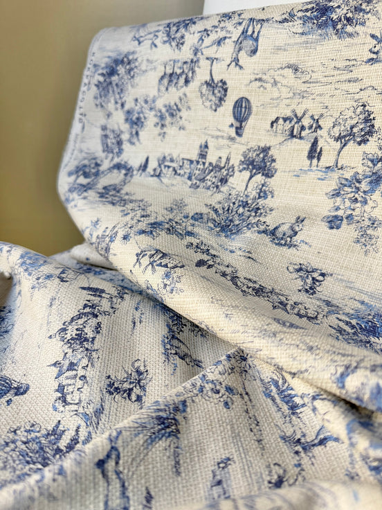 Dark Blue, Beige Deer Vintage Country Scenery- Cotton Dobby- 31020- 44" Wide