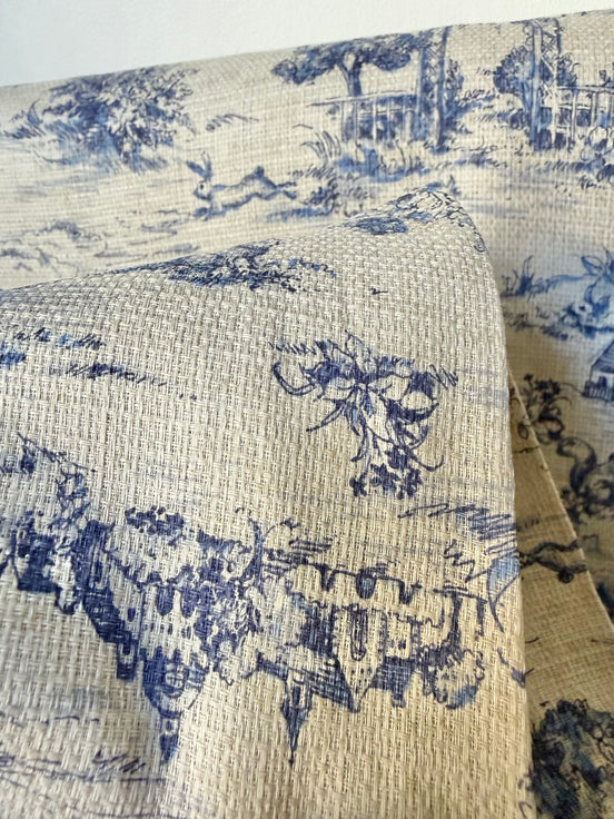 Dark Blue, Beige Deer Vintage Country Scenery- Cotton Dobby- 31020- 44" Wide