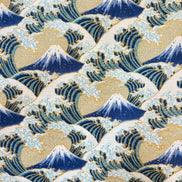 Blue, White, Metallic Gold on Beige- Namishibuki- Wave Splash- 43”- Cotton Dobby Fabric