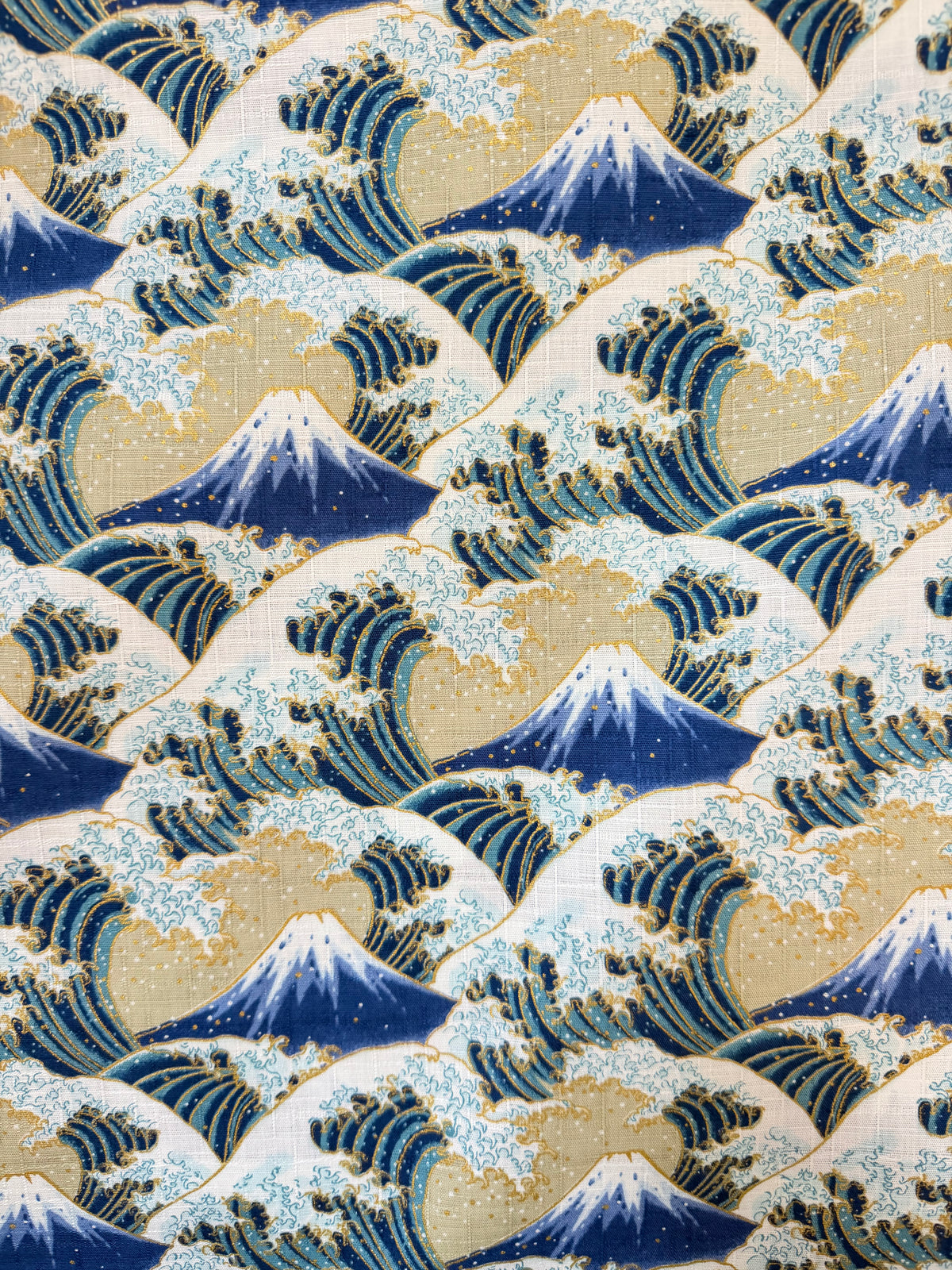 Blue, White, Metallic Gold on Beige- Namishibuki- Wave Splash- 43”- Cotton Dobby Fabric