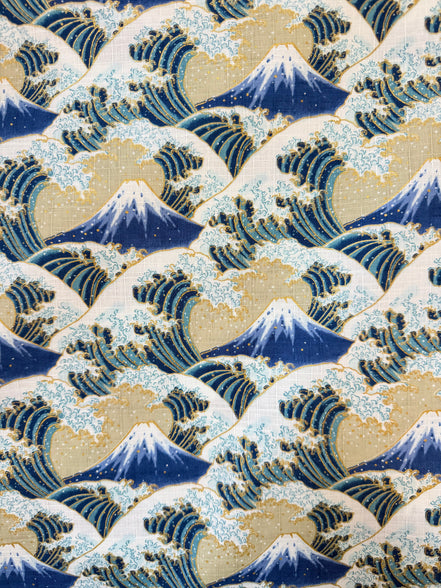 Blue, White, Metallic Gold on Beige- Namishibuki- Wave Splash- 43”- Cotton Dobby Fabric