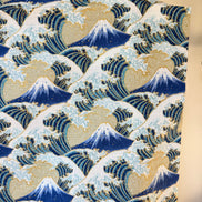 Blue, White, Metallic Gold on Beige- Namishibuki- Wave Splash- 43”- Cotton Dobby Fabric