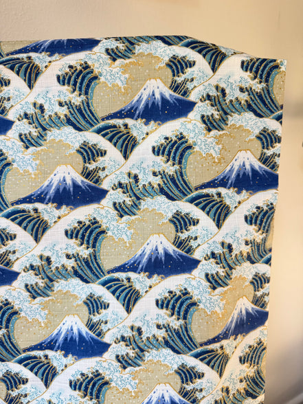 Blue, White, Metallic Gold on Beige- Namishibuki- Wave Splash- 43”- Cotton Dobby Fabric
