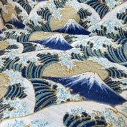 Blue, White, Metallic Gold on Beige- Namishibuki- Wave Splash- 43”- Cotton Dobby Fabric