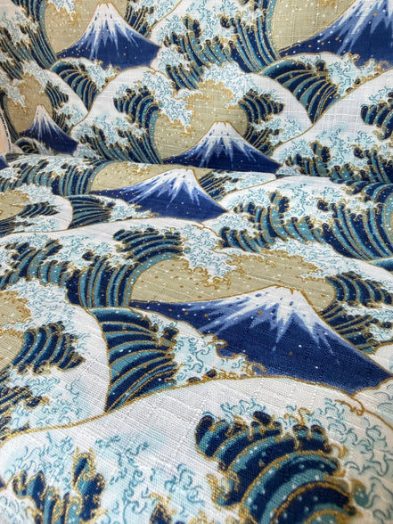 Blue, White, Metallic Gold on Beige- Namishibuki- Wave Splash- 43”- Cotton Dobby Fabric