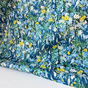 Yellow, Green on Blue- Cotton Lawn- 42” Wide- Floral Print- Kokka