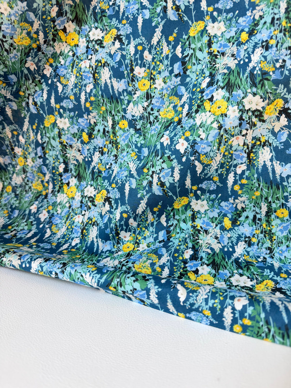 Yellow, Green on Blue- Cotton Lawn- 42” Wide- Floral Print- Kokka