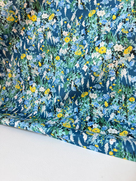 Yellow, Green on Blue- Cotton Lawn- 42” Wide- Floral Print- Kokka