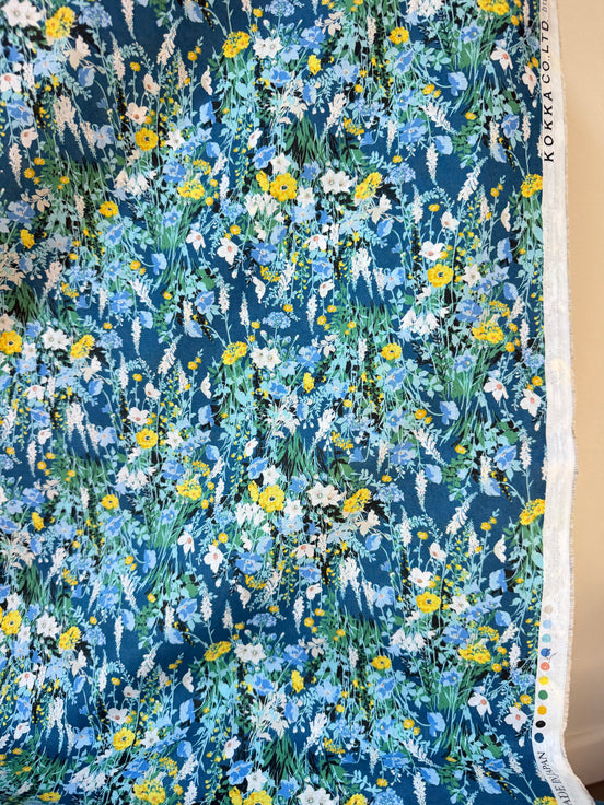 Yellow, Green on Blue- Cotton Lawn- 42” Wide- Floral Print- Kokka