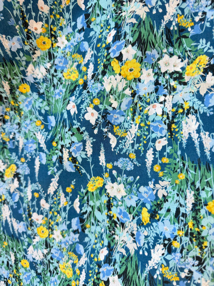 Yellow, Green on Blue- Cotton Lawn- 42” Wide- Floral Print- Kokka