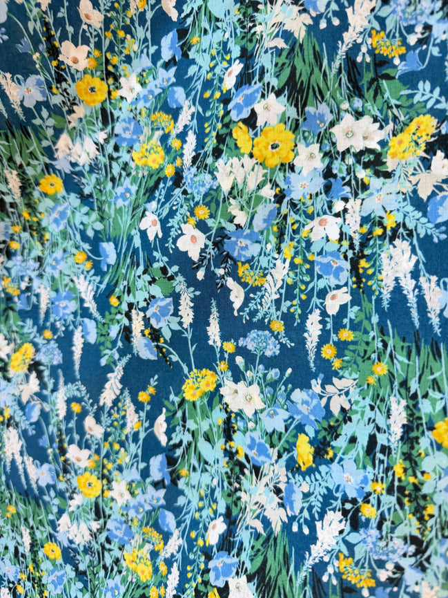 Yellow, Green on Blue- Cotton Lawn- 42” Wide- Floral Print- Kokka