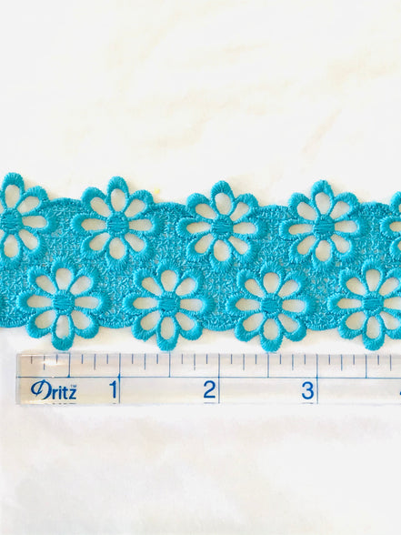 Double Gerbera Daisies Guipure Trim- Teal Blue- 1.5" (3718)