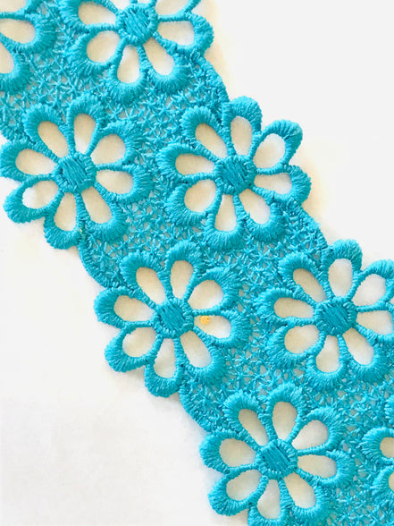 Double Gerbera Daisies Guipure Trim- Teal Blue- 1.5" (3718)