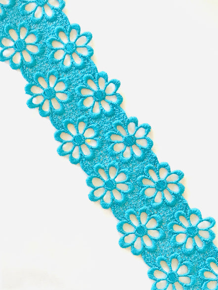 Double Gerbera Daisies Guipure Trim- Teal Blue- 1.5" (3718)