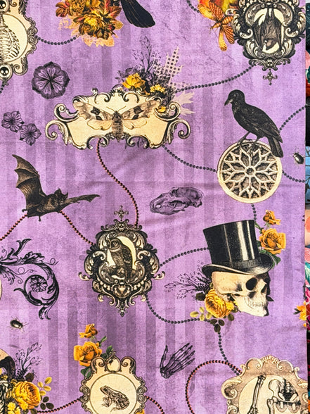 Bats, Crows, Skulls- “Dreadful Delights Thistle"- Purple- 44” Wide- Cotton Fabric- Halloween