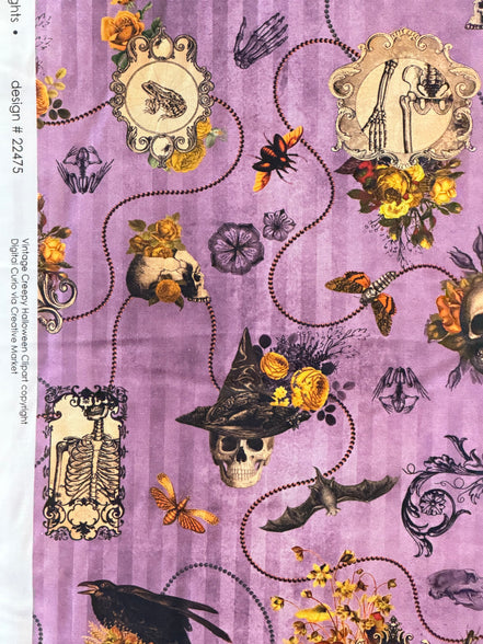 Bats, Crows, Skulls- “Dreadful Delights Thistle"- Purple- 44” Wide- Cotton Fabric- Halloween
