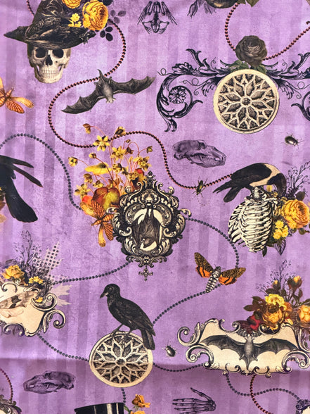 Bats, Crows, Skulls- “Dreadful Delights Thistle"- Purple- 44” Wide- Cotton Fabric- Halloween
