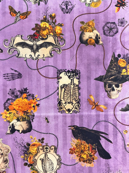 Bats, Crows, Skulls- “Dreadful Delights Thistle"- Purple- 44” Wide- Cotton Fabric- Halloween