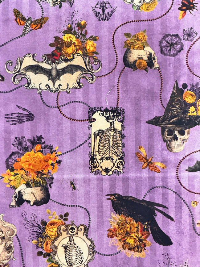 Bats, Crows, Skulls- “Dreadful Delights Thistle"- Purple- 44” Wide- Cotton Fabric- Halloween