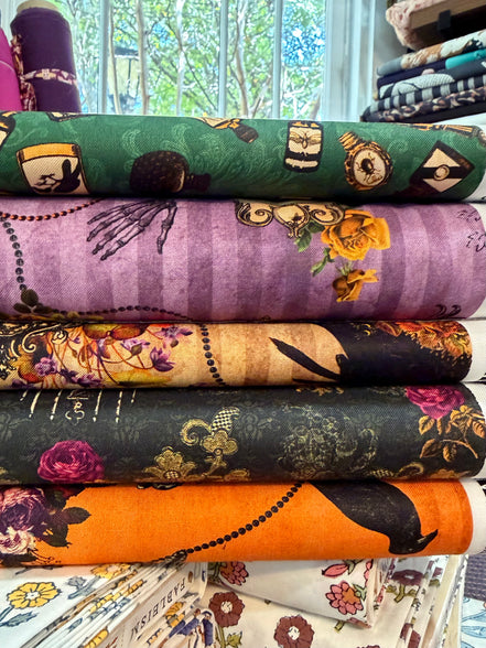 Bats, Crows, Skulls- “Dreadful Delights Bone"- Tan- 44” Wide- Cotton Fabric- Halloween