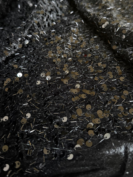Black Stretch Velvet with Sequins and Beads- 52" Wide
