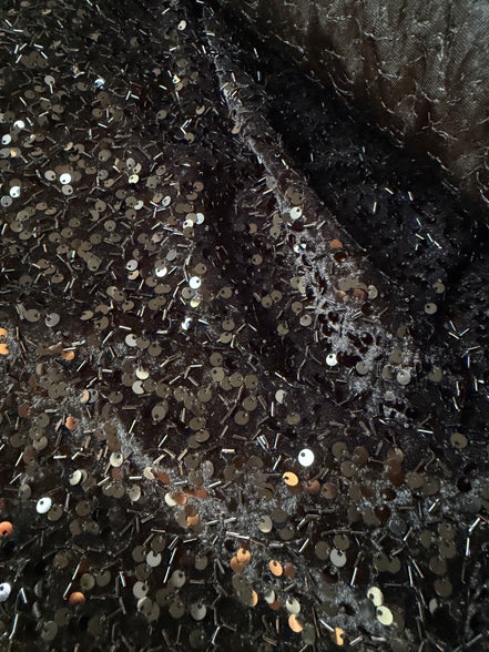 Black Stretch Velvet with Sequins and Beads- 52" Wide