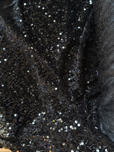 Black Stretch Velvet with Sequins and Beads- 52" Wide