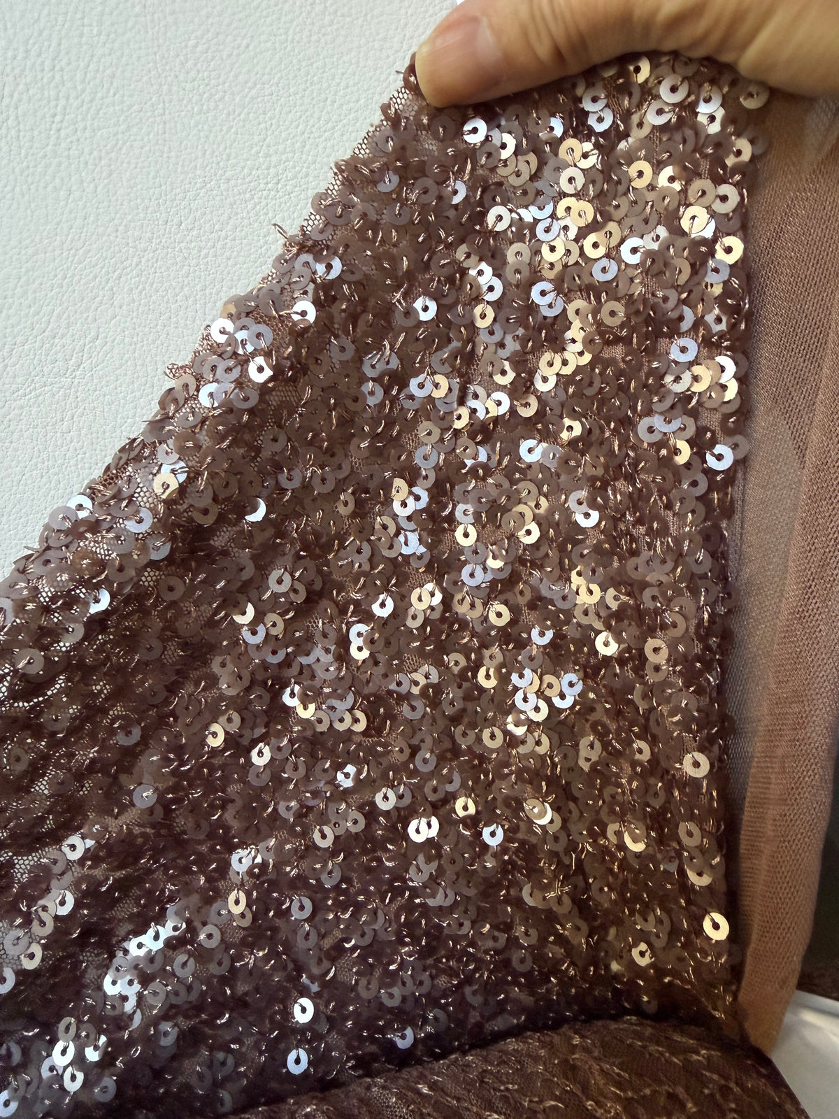 Mocha Colored Embroidered Sequin on Stretch Mesh- 52