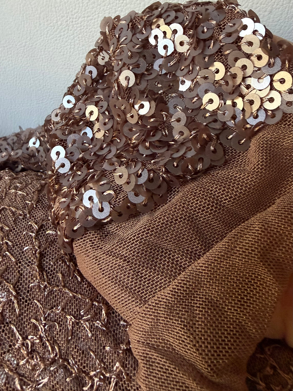 Mocha Colored Embroidered Sequin on Stretch Mesh- 52